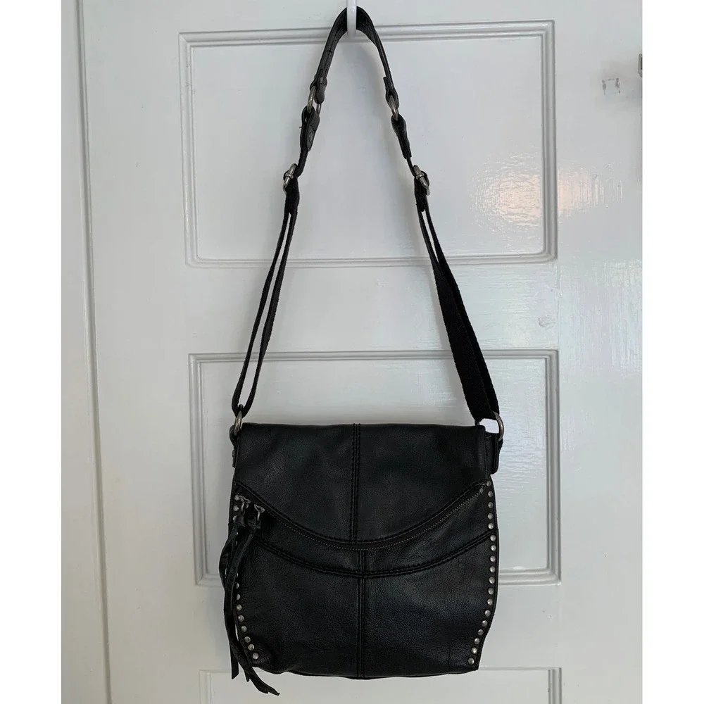 The Sak Silverlake Crossbody Purse / Black Studded Leather Moto Bag w Fringe Zip